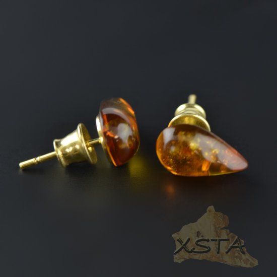 Small stud amber earrings with silver-gold